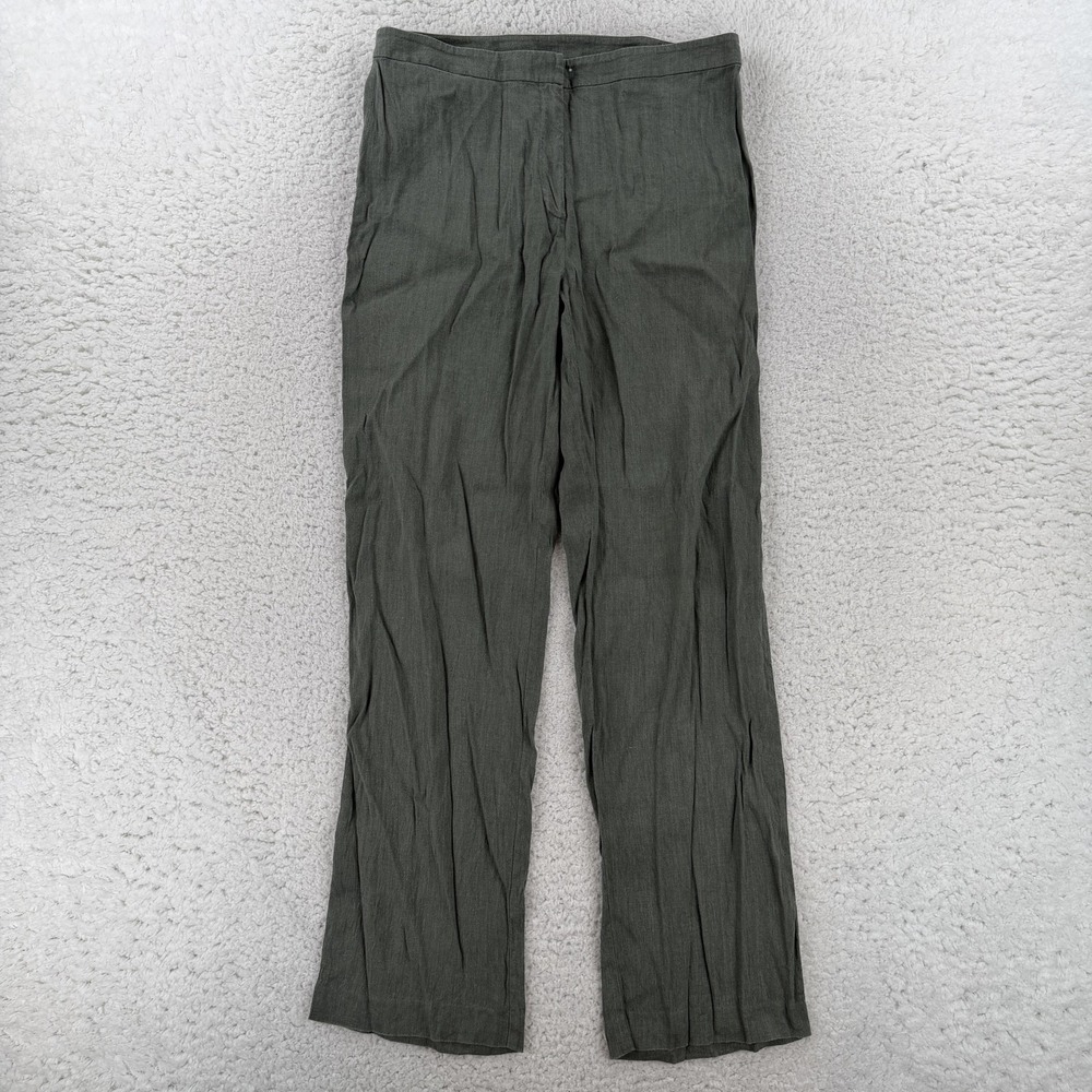 Eileen Fisher Dress Pants Womens Medium Green Linen Straight Leg Pull On Casual